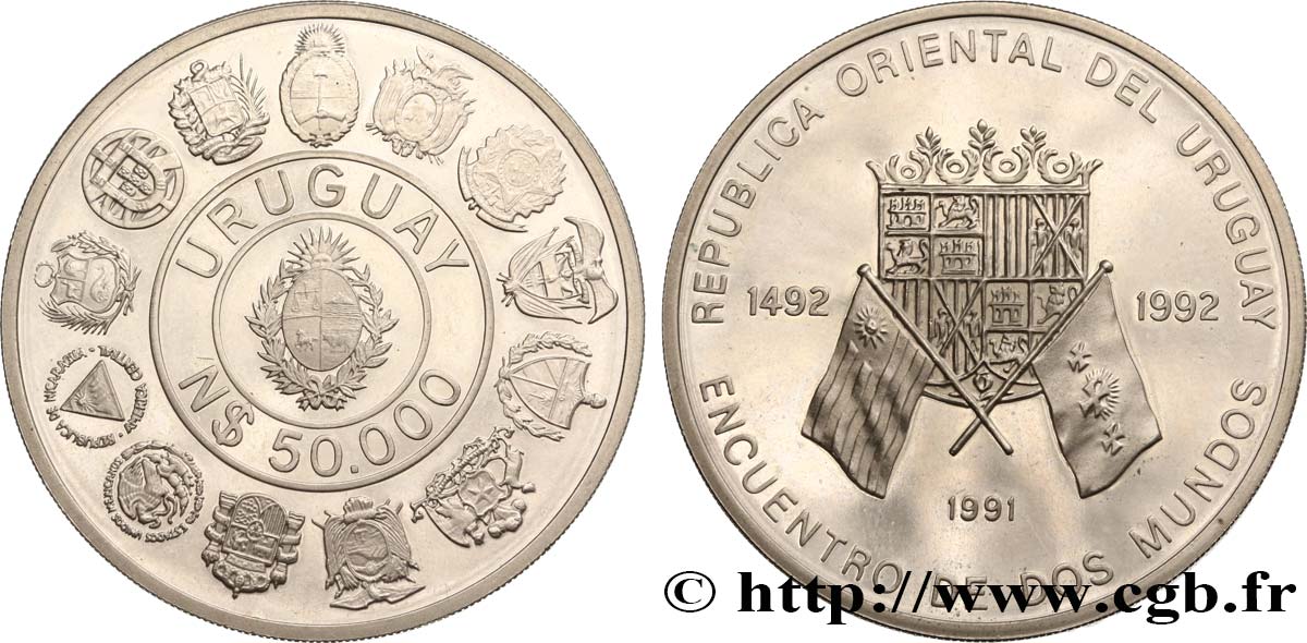 URUGUAY 50.000 Nuevos Pesos Proof Rencontre des deux mondes 1991  SC 