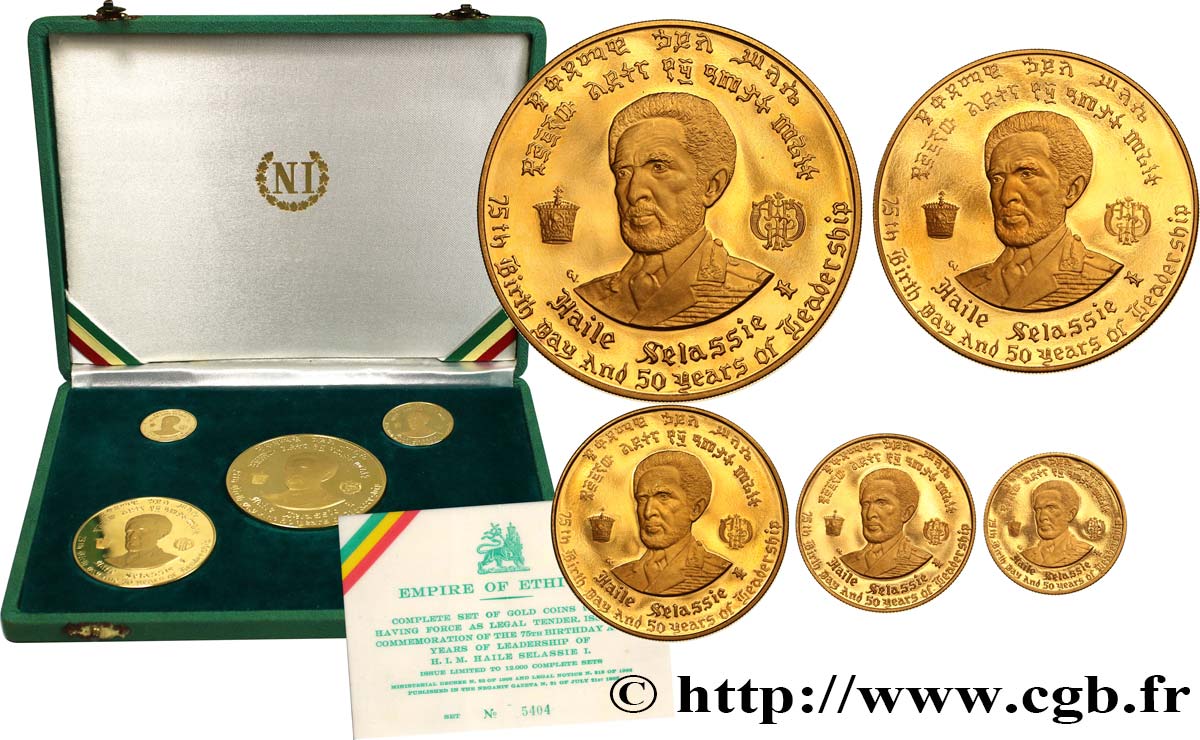 ETHIOPIA Coffret de 5 pièces en or : 200 dollars, 100 dollars, 50 dollars, 20 dollars et 10 dollars Proof 1966  MS 