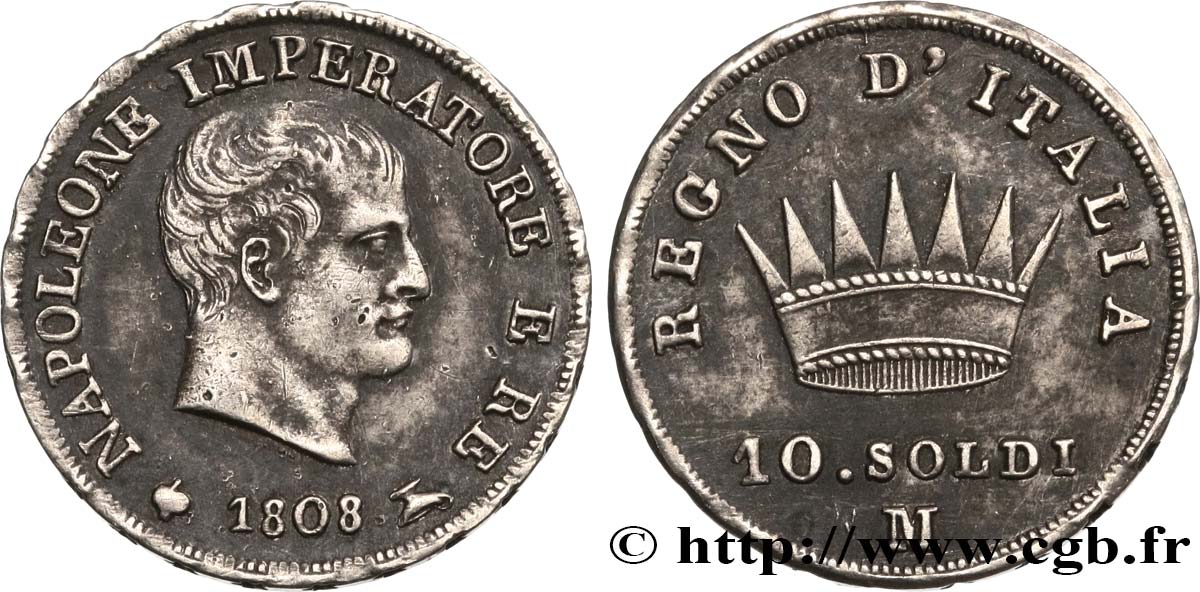 ITALY - KINGDOM OF ITALY - NAPOLEON I 10 Soldi 1808 Milan AU 