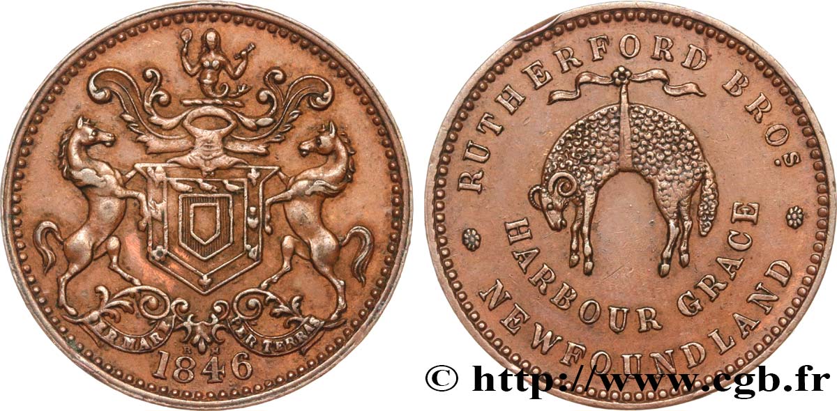 TERRE-NEUVE 1/2 penny Token Rutherford Bros 1846  TTB+ 