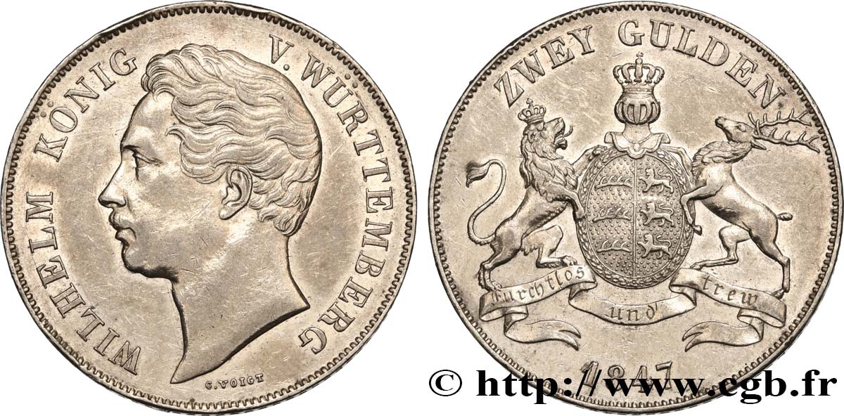 GERMANIA - WÜRTEMBERG 2 Gulden Guillaume Ier 1847 Stuttgart BB 