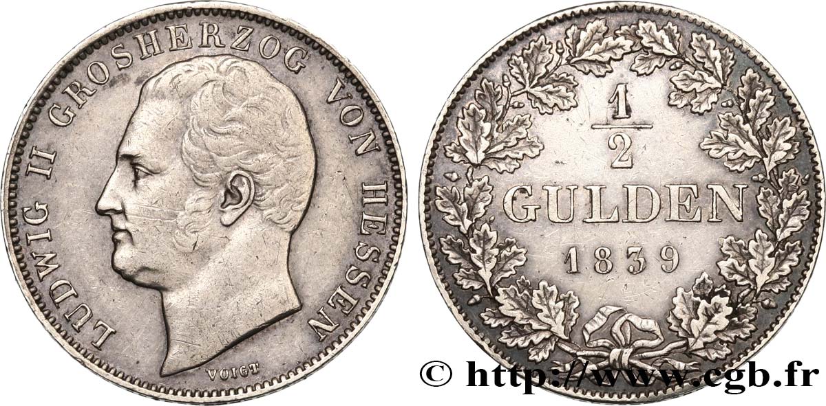 GERMANY - HESSE 1/2 Gulden Louis II 1839  XF/AU 