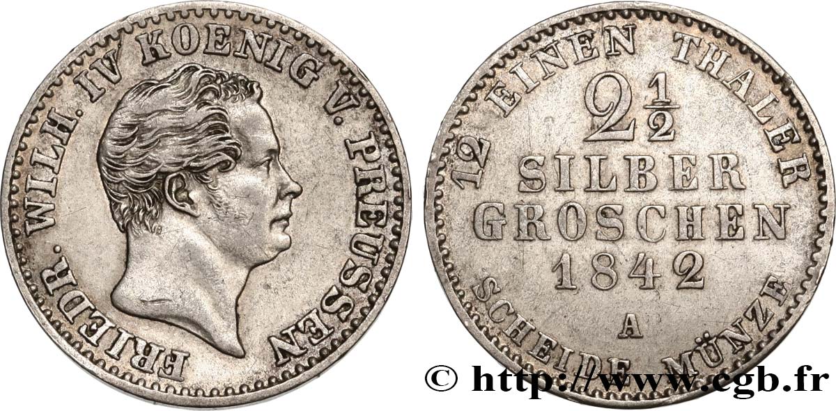 GERMANY - PRUSSIA 2 1/2 Silbergroschen Guillaume Ier 1842 Berlin AU 