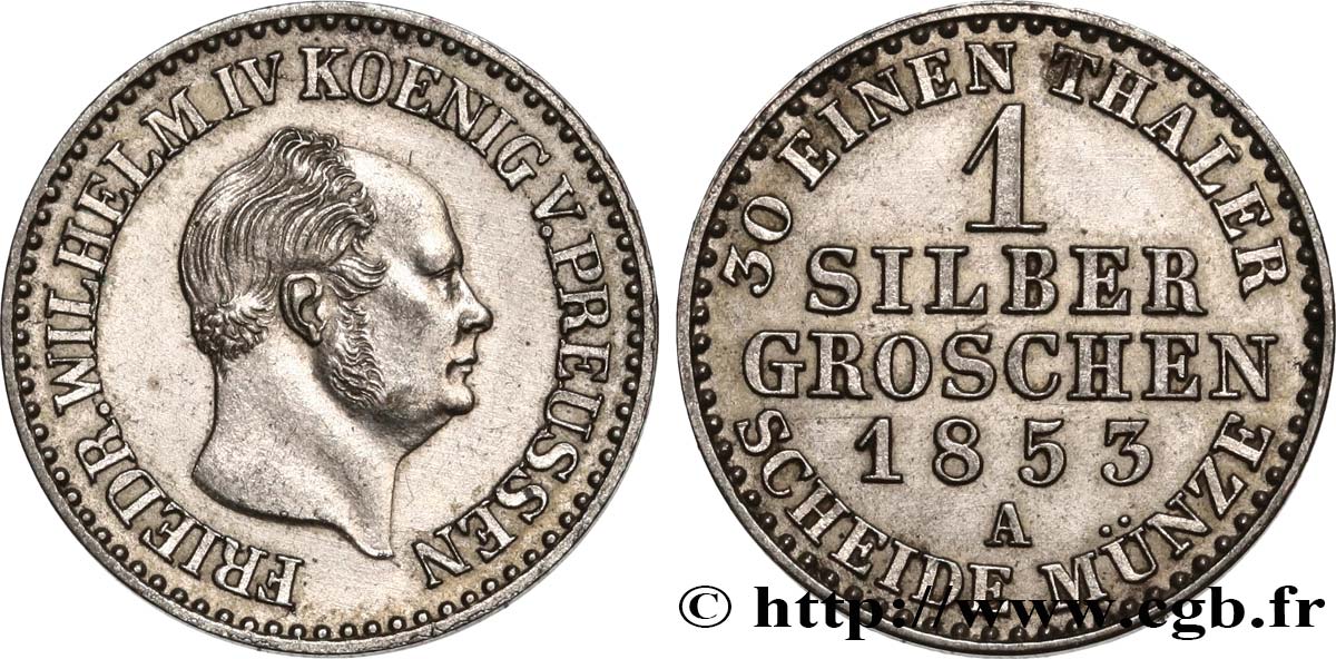 GERMANY 1 Silbergroschen Guillaume Ier 1853 Berlin AU 