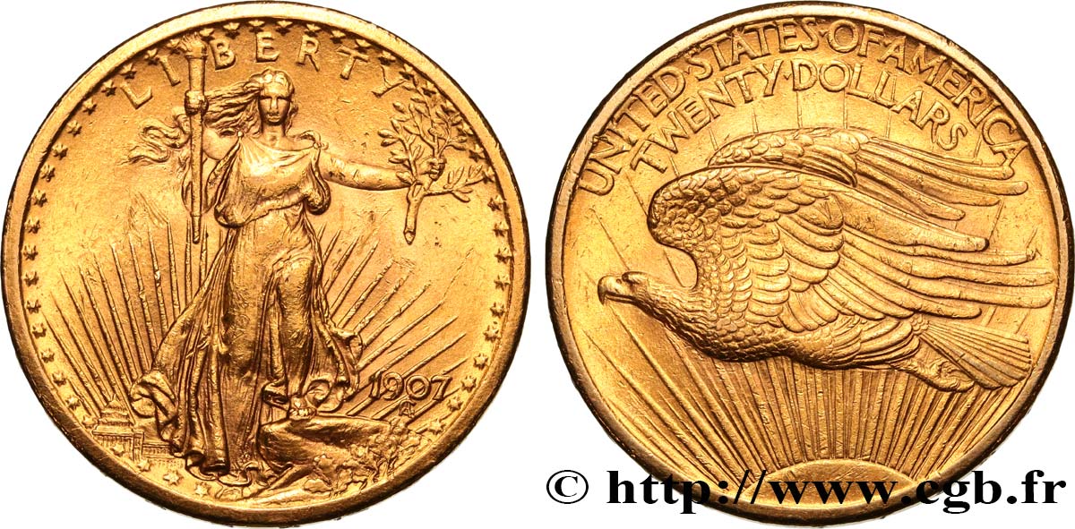 INVESTMENT GOLD 20 Dollars “Saint-Gaudens” 1907 Philadelphie AU 