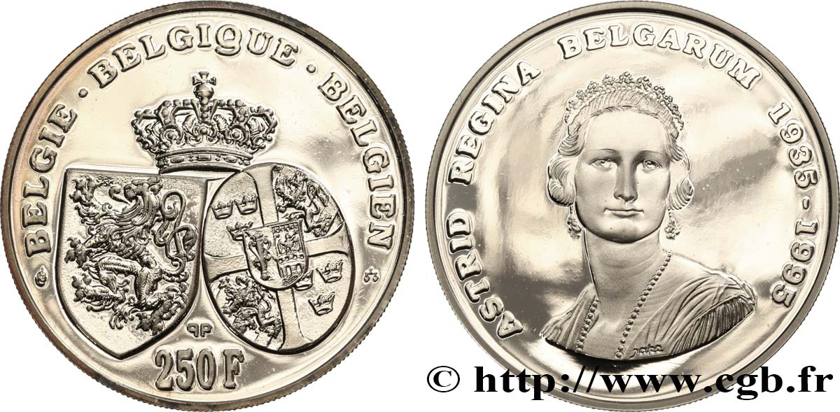 BELGIUM 250 Francs Proof mort de la reine Astrid 1995 Bruxelles MS 