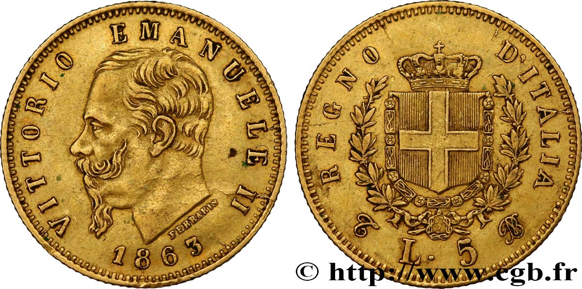 ITALIE 5 Lire Victor Emmanuel II 1863 Turin TTB+ 