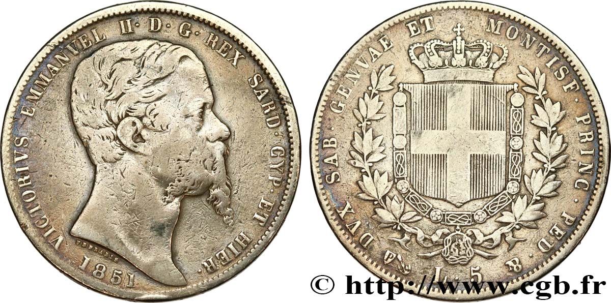 ITALY - KINGDOM OF SARDINIA 5 Lire Victor Emmanuel II 1851 Gênes VF 