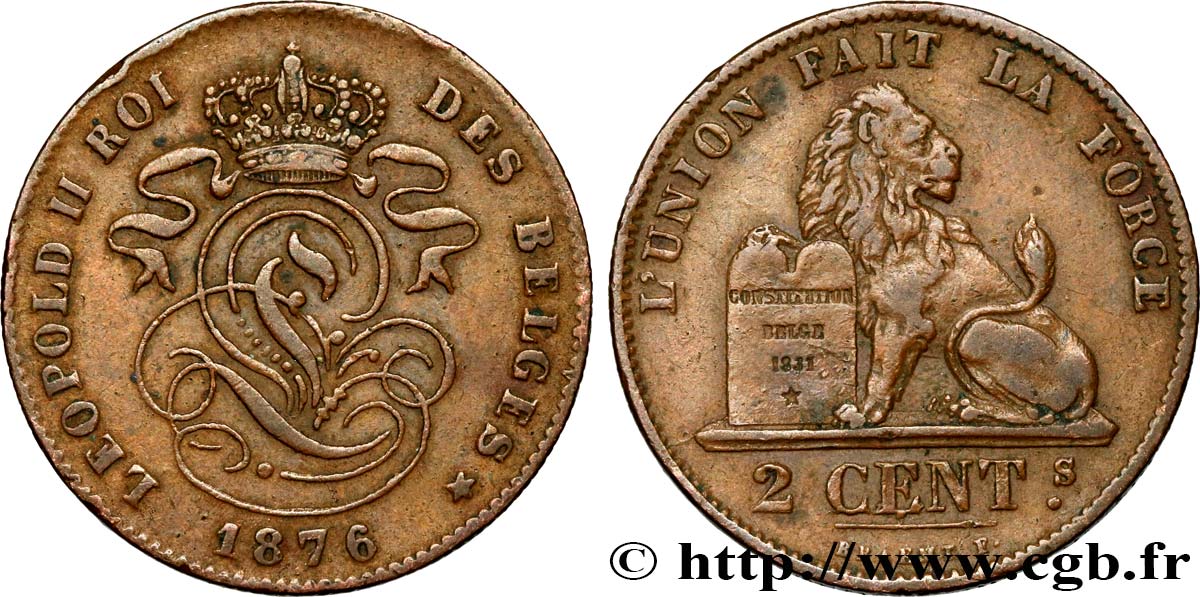 BELGIUM 2 Centimes lion monogramme de Léopold II 1876  AU 