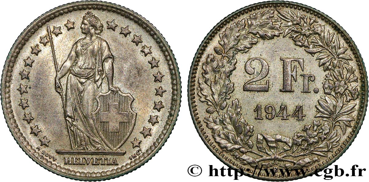 SUIZA 2 Francs Helvetia 1944 Berne EBC 
