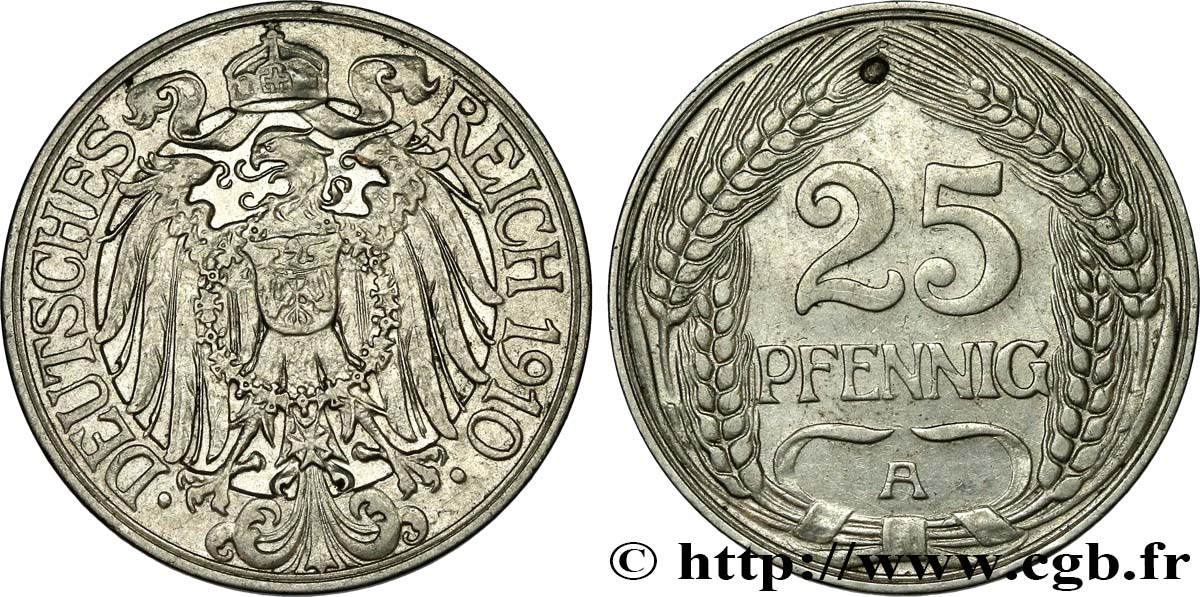 GERMANY 25 Pfennig Empire aigle impérial 1910 Berlin AU 