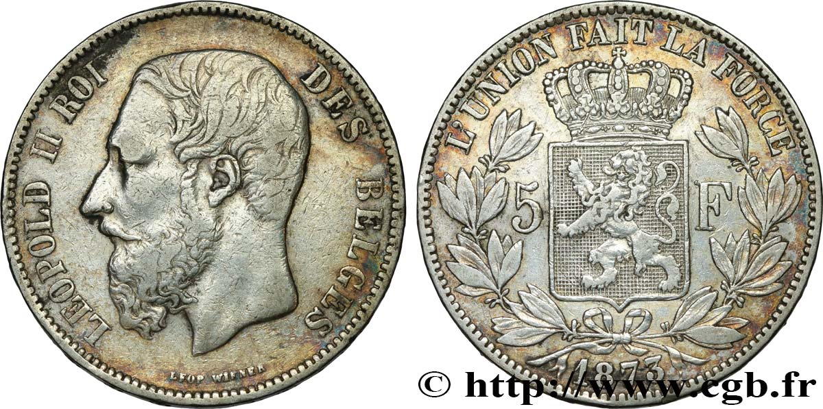 BELGIQUE 5 Francs Léopold II 1873  TB+ 