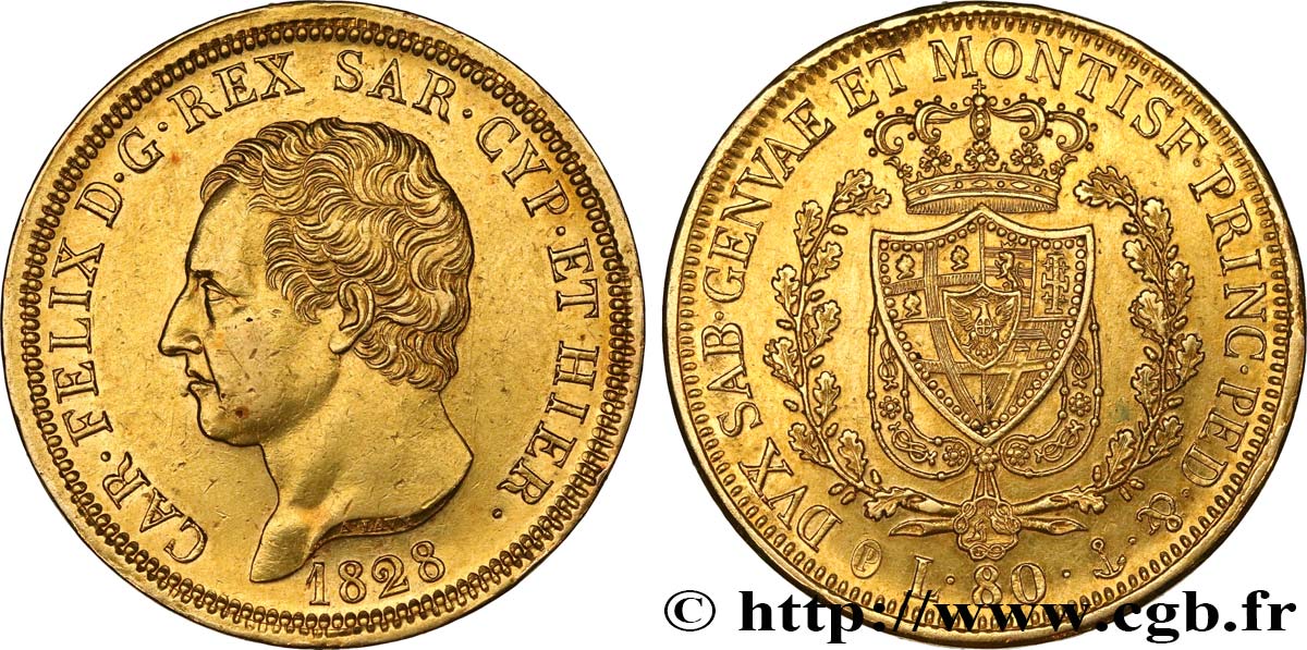 ITALY - KINGDOM OF SARDINIA - CHARLES-FELIX 80 Lire 1828 Gênes AU 