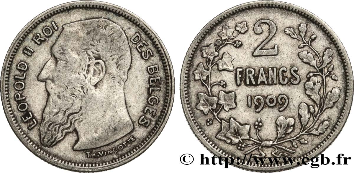 BELGIO 2 Francs Léopold II légende française 1909  q.BB 