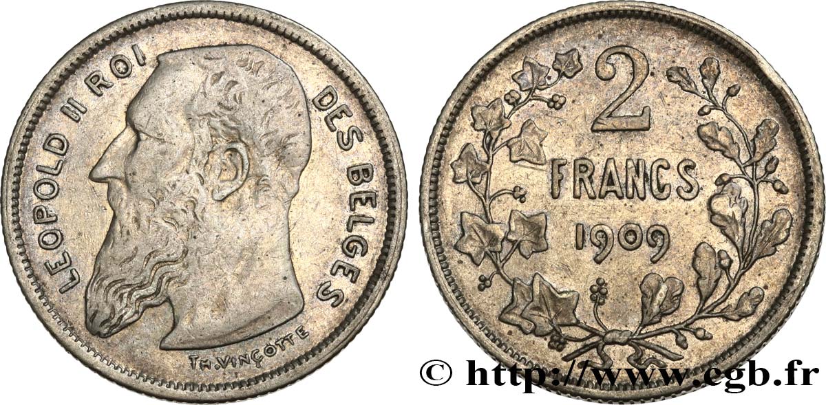 BÉLGICA 2 Francs Léopold II légende française 1909  BC+ 