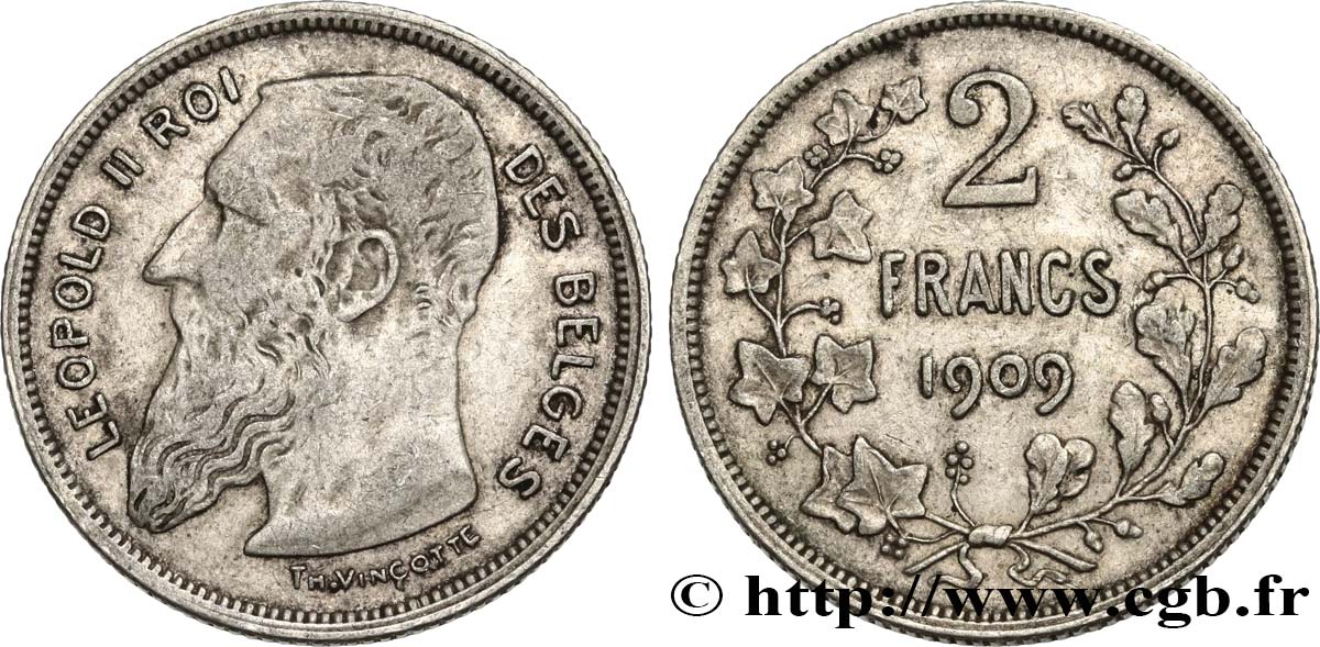 BELGIQUE 2 Francs Léopold II légende française 1909  TB+ 