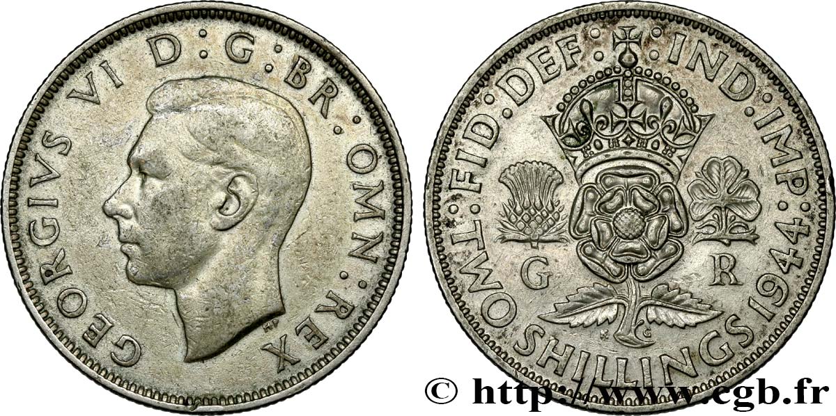 UNITED KINGDOM 1 Florin (2 Shillings) Georges VI 1944  XF 