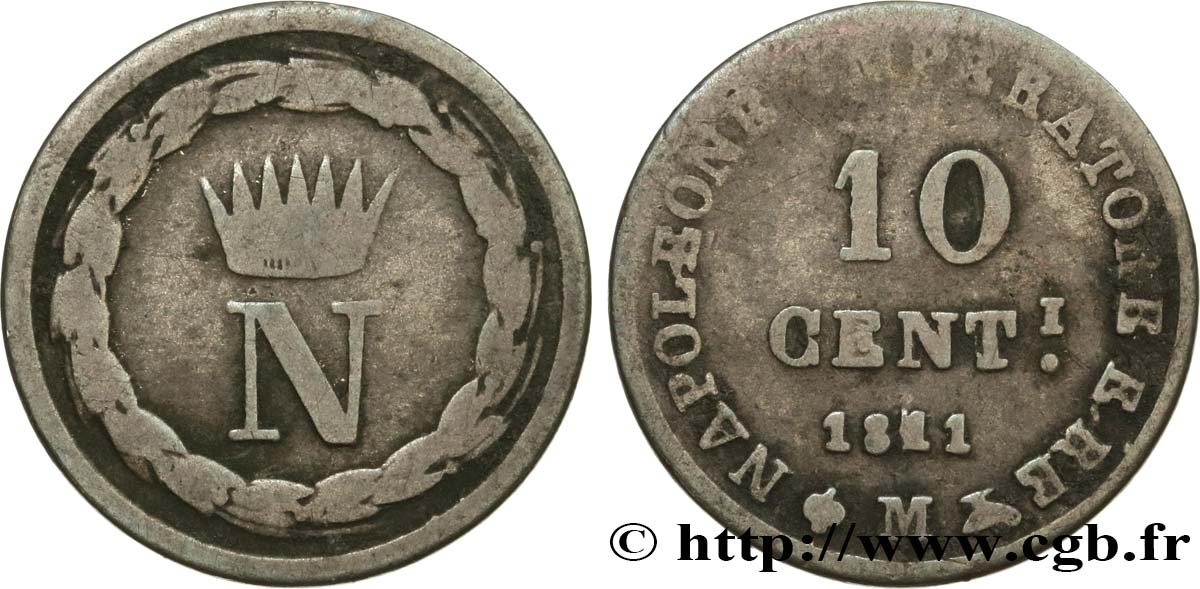 ITALY - KINGDOM OF ITALY - NAPOLEON I 10 centesimi 1811 Milan VF 