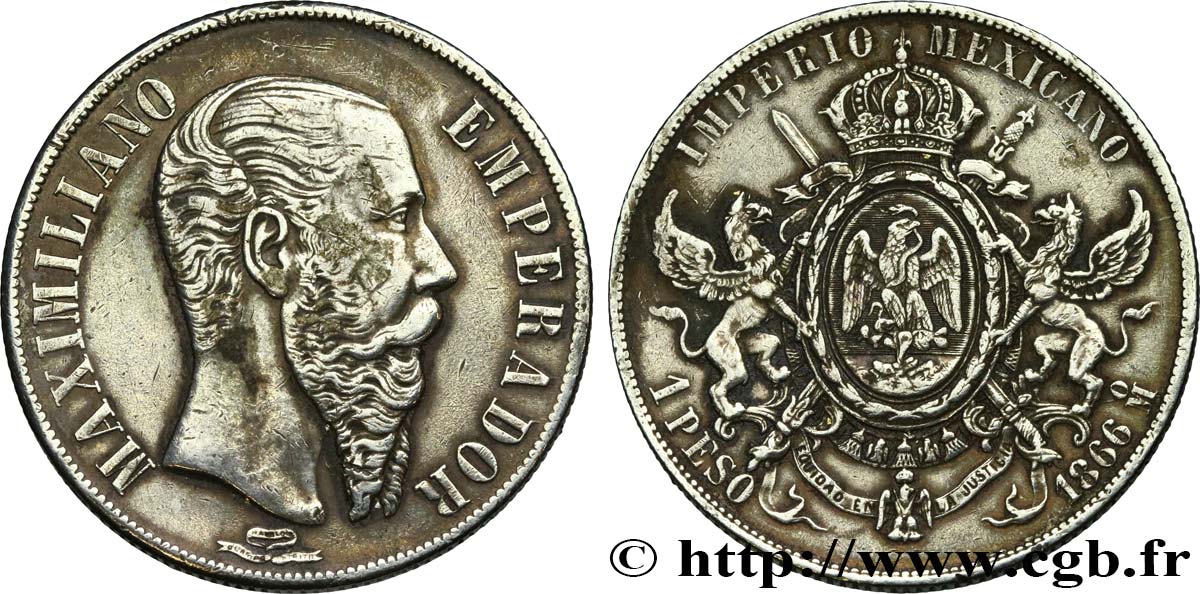 MÉXICO 1 Peso Empereur Maximilien 1866 Mexico MBC 