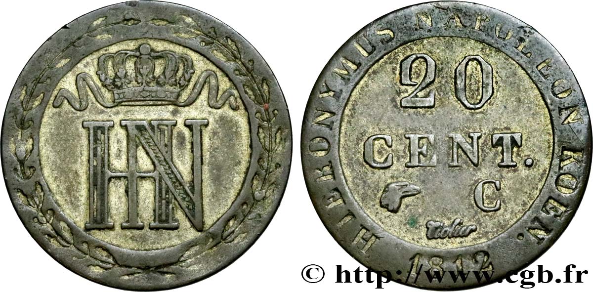 ALEMANIE - REINO DE WESTFALIA 20 Cent. monogramme de Jérôme Napoléon 1812 Cassel - C BC+ 