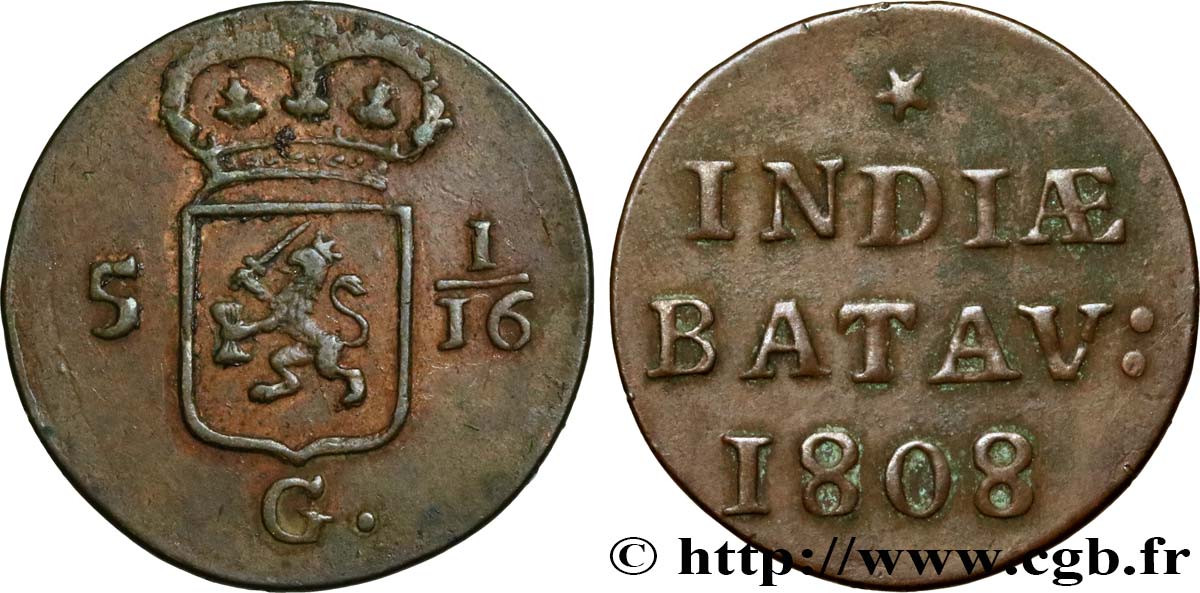 INDIAS NEERLANDESAS 5 1/16 Gulden (1 Duit) écu couronné des Pays-Bas 1808 Enkhuizen BC+ 