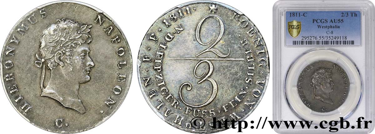 GERMANY - KINGDOM OF WESTPHALIA - JÉRÔME NAPOLÉON 2/3 Thaler ou gulden 1811 Clausthal  PCGS