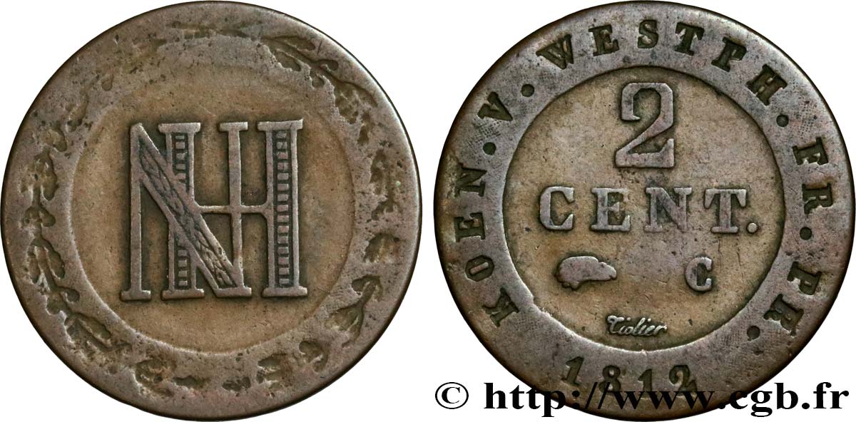 GERMANY - KINGDOM OF WESTPHALIA - JÉRÔME NAPOLÉON 2 Cent. monogramme de Jérôme Napoléon 1812 Cassel VF 
