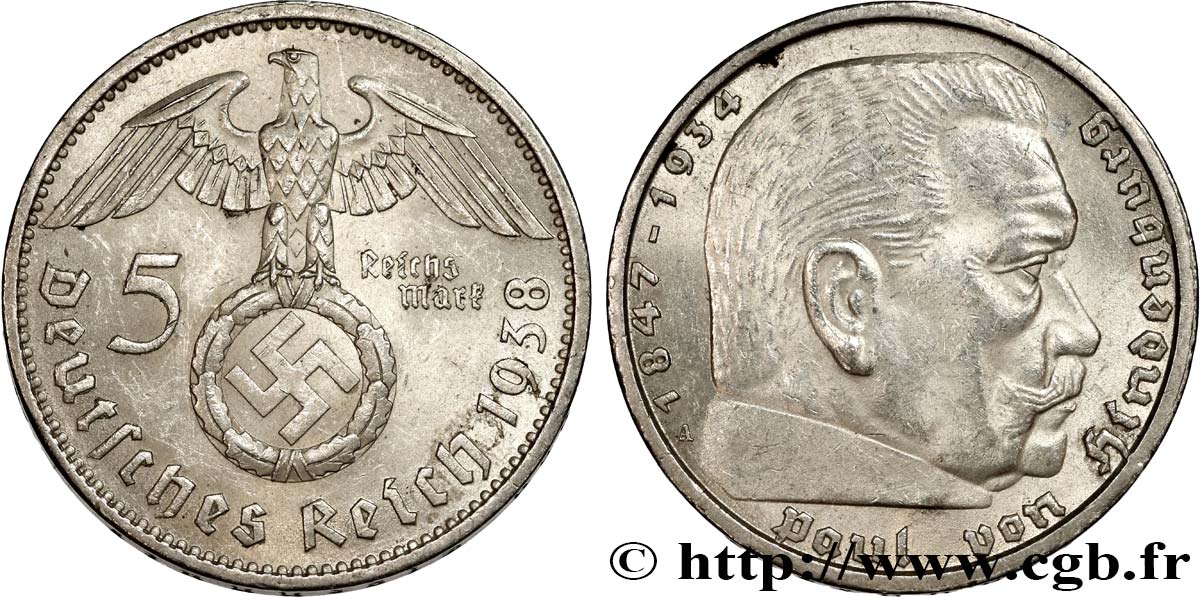 ALLEMAGNE 5 Reichsmark Maréchal Paul von Hindenburg 1938 Berlin SUP 