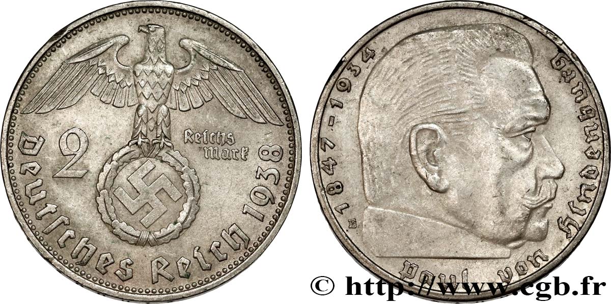 DEUTSCHLAND 2 Reichsmark Maréchal Paul von Hindenburg 1938 Muldenhütten VZ 