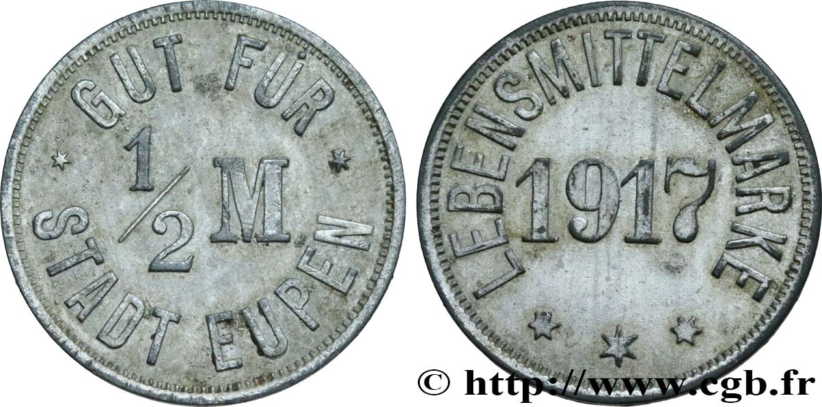 GERMANY - Notgeld 1/2 Mark Ville de Eupen 1917  XF 