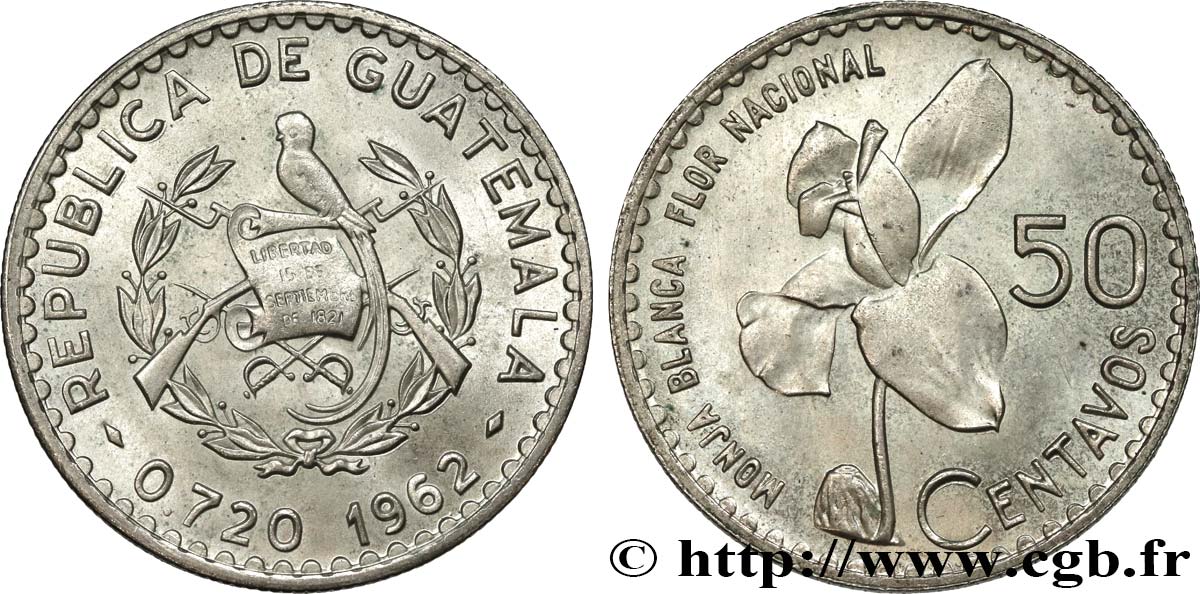 GUATEMALA 50 Centavos orchidée Monja Blanca 1962  SC 