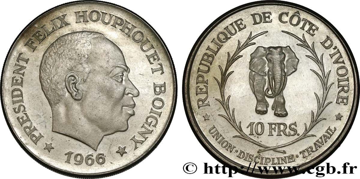 COTE D IVOIRE 10 Francs Félix Houphouet Boigny 1966  SPL 