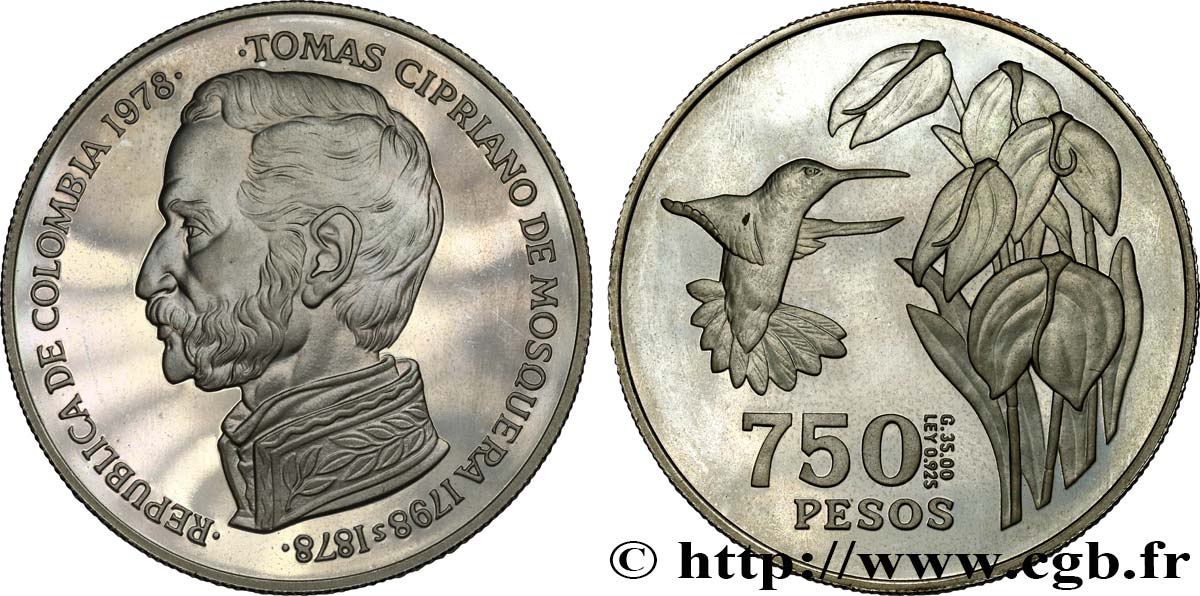 COLOMBIA 750 Pesos Colibri Proof 1978  MS 
