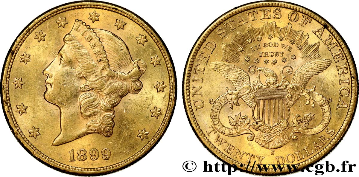 INVESTMENT GOLD 20 Dollars  Liberty  1899 San Francisco AU 
