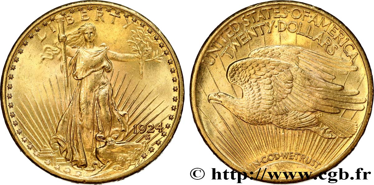 INVESTMENT GOLD 20 Dollars  Saint-Gaudens” 1924 Philadelphie SC 