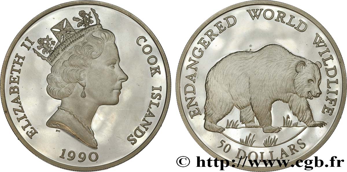 ÎLES COOK  50 Dollars Proof Grizzly 1990  SPL 