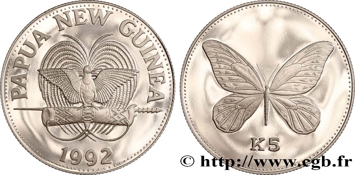 PAPUA-NEUGUINEA 5 Kina Papillon Proof 1992  fST 