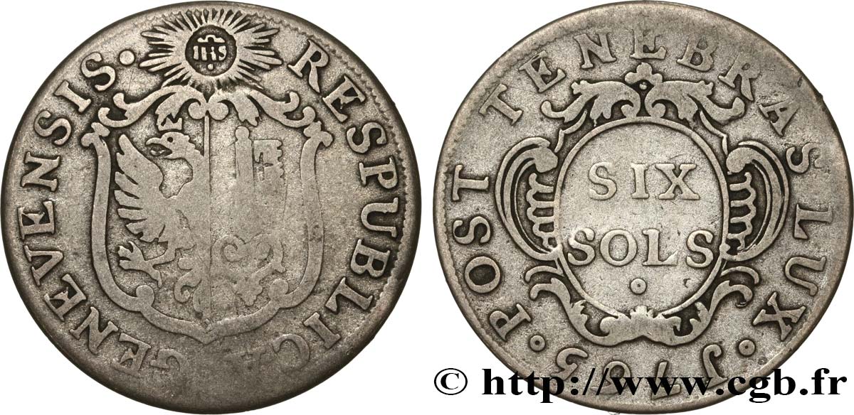 SWITZERLAND - REPUBLIC OF GENEVA 6 Sols 1765  VF/XF 