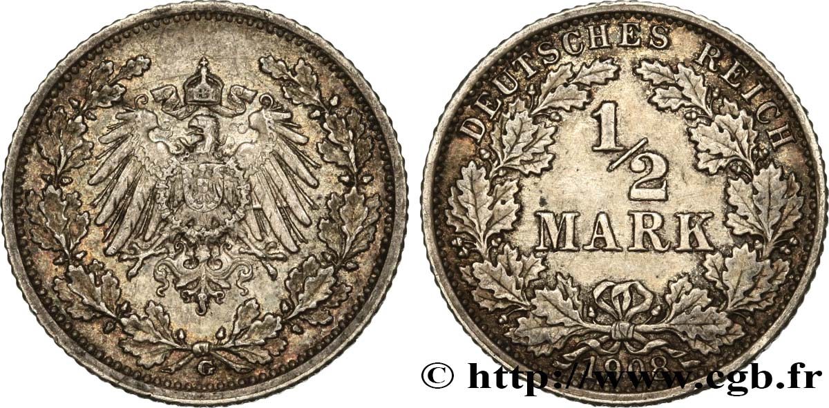 ALEMANIA 1/2 Mark Empire aigle impérial 1908 Karlsruhe - G MBC 