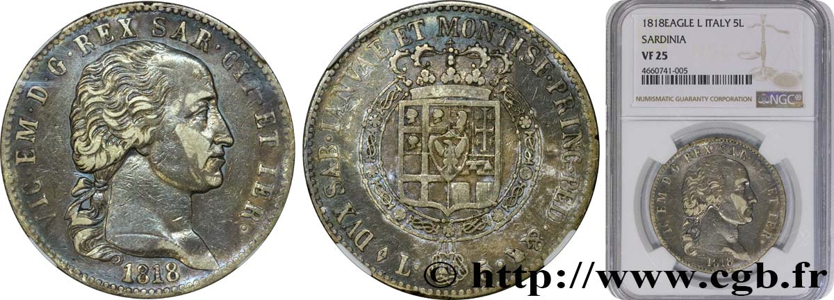 ITALY - KINGDOM OF SARDINIA - VICTOR-EMMANUEL I 5 Lire 1818 Turin VF25 NGC