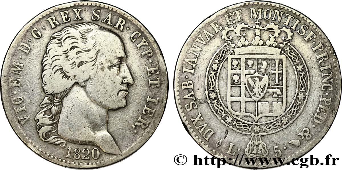 ITALY - KINGDOM OF SARDINIA 5 Lire Victor Emmanuel I 1820 Turin VF 