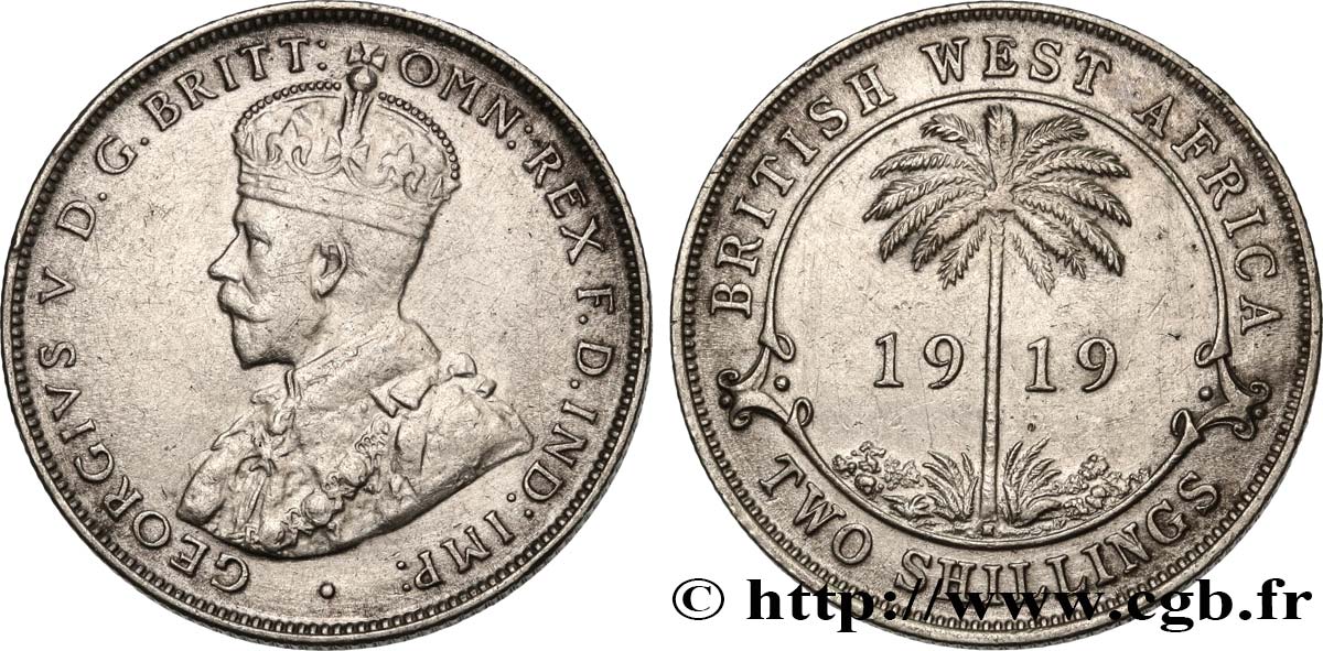 ÁFRICA OCCIDENTAL BRITÁNICA 2 Shillings Georges V / palmier 1919 Heaton MBC 