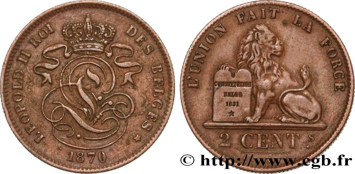 BELGIEN 2 Centimes lion monogramme de Léopold II 1870  VZ 