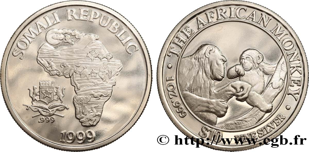 SOMALIA 10 Dollars Singes d’Afrique 1999  SC 