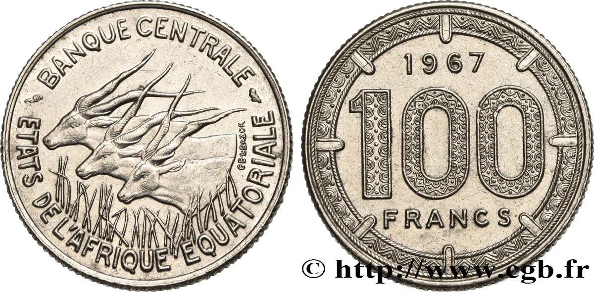 ÉTATS DE L AFRIQUE ÉQUATORIALE 100 Francs antilopes 1967 Paris SUP 