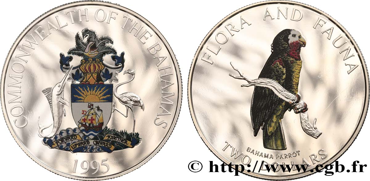 BAHAMAS 2 Dollars Proof perroquet amazone 1995 Franklin Mint fST 