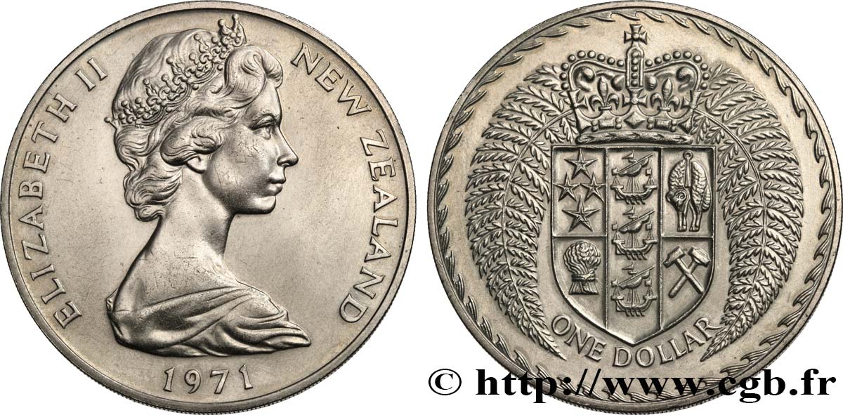 NEUSEELAND
 1 Dollar Elisabeth II / Emblème couronné entouré de fougères 1971 British Royal Mint, Llantrisant fST 