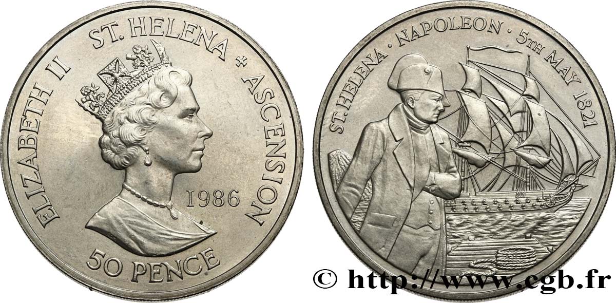 ST HELENA & ASCENSION 50 Pence Elisabeth II / mort de Napoléon à St Hélène 1986  AU 