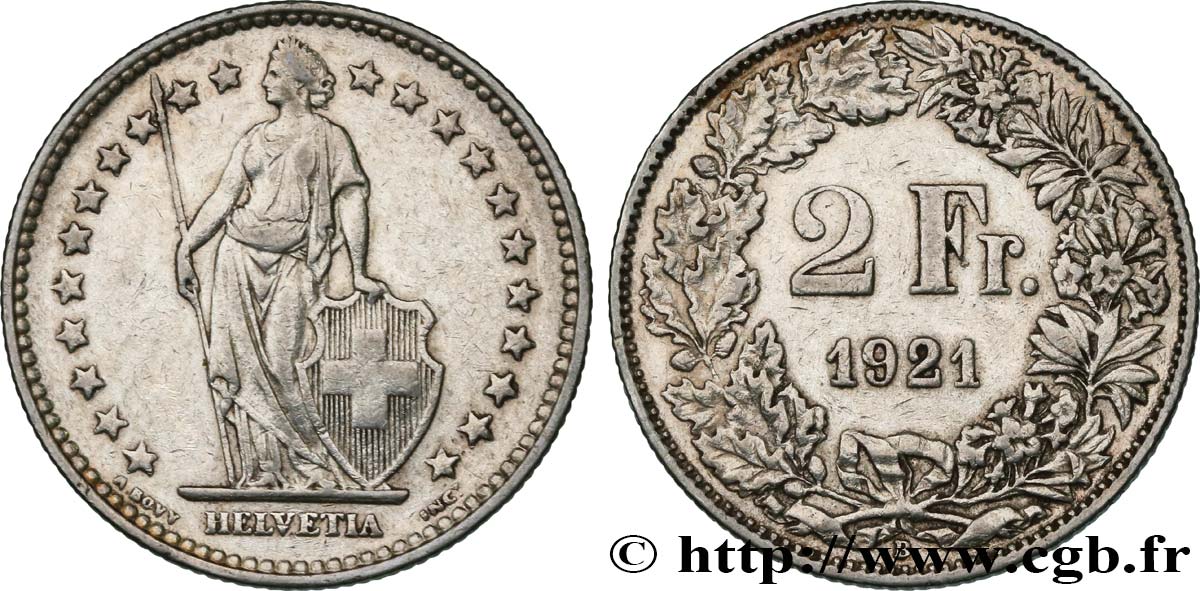SVIZZERA  2 Francs Helvetia 1921 Berne BB 