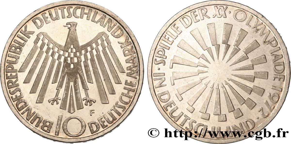 DEUTSCHLAND 10 Mark XXe J.O. Munich / aigle type “IN DEUTSCHLAND” 1972 Stuttgart VZ 